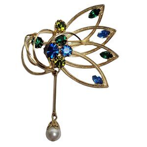 Alice Caviness Goldtone Rhinestone Ribbon Faux Pearl Dangle Brooch